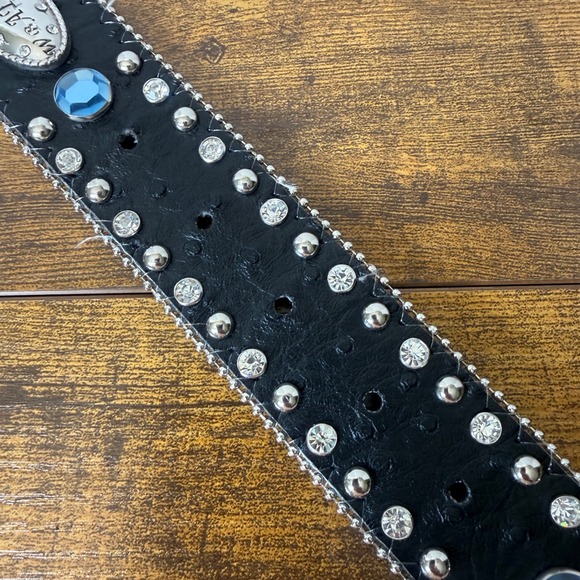 ATLAS Rhinestone Western Bling Belt Size 30-35 Black Embellished Silver Buckle - Picture 10 of 16